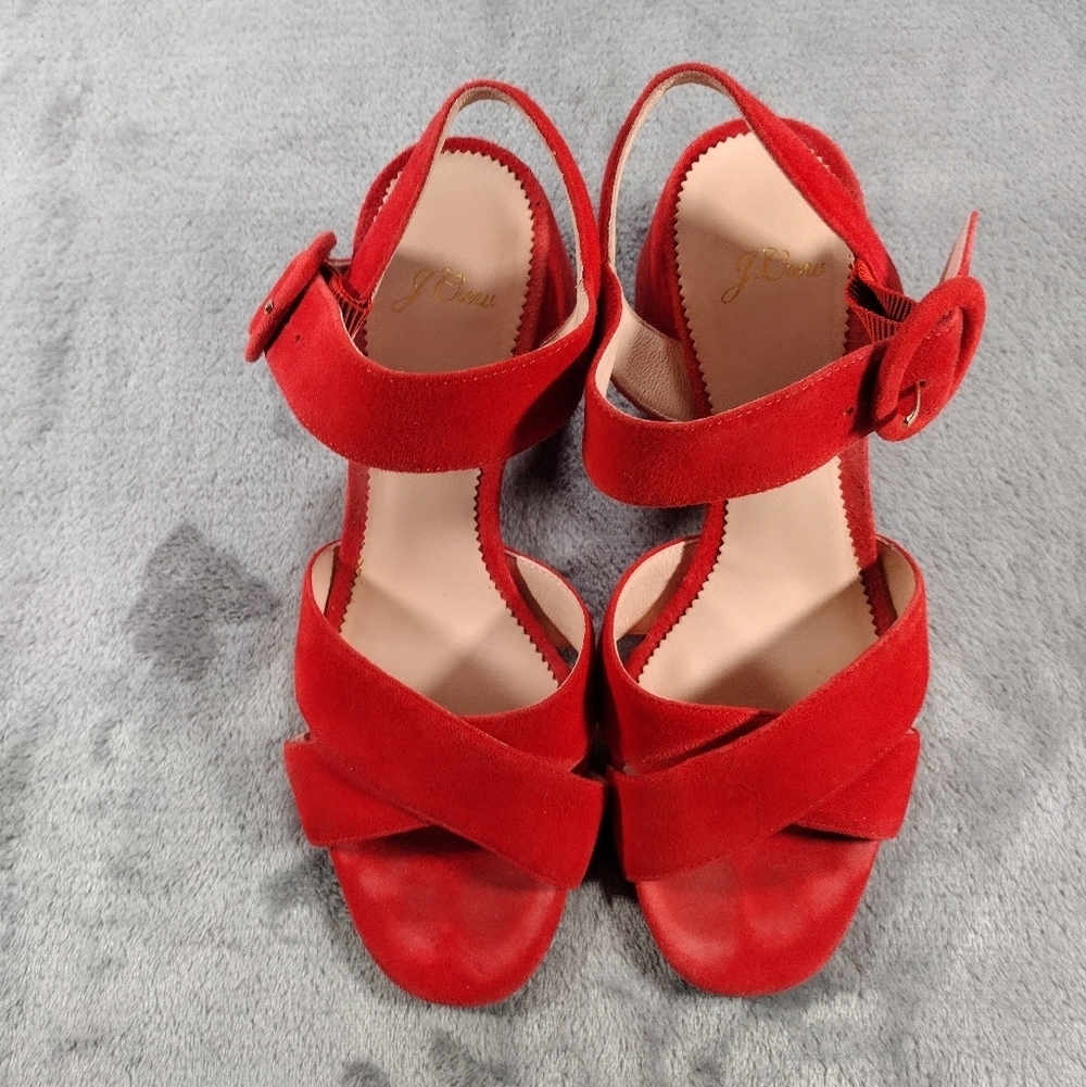 J.CREW red Suede Criss Cross Strappy Ankle Strap Block Heel Sandals 8